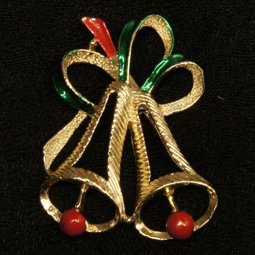 Gerrys Christmas Bells Brooch Gold Tone Enamel Bow Dangle Holiday Pin